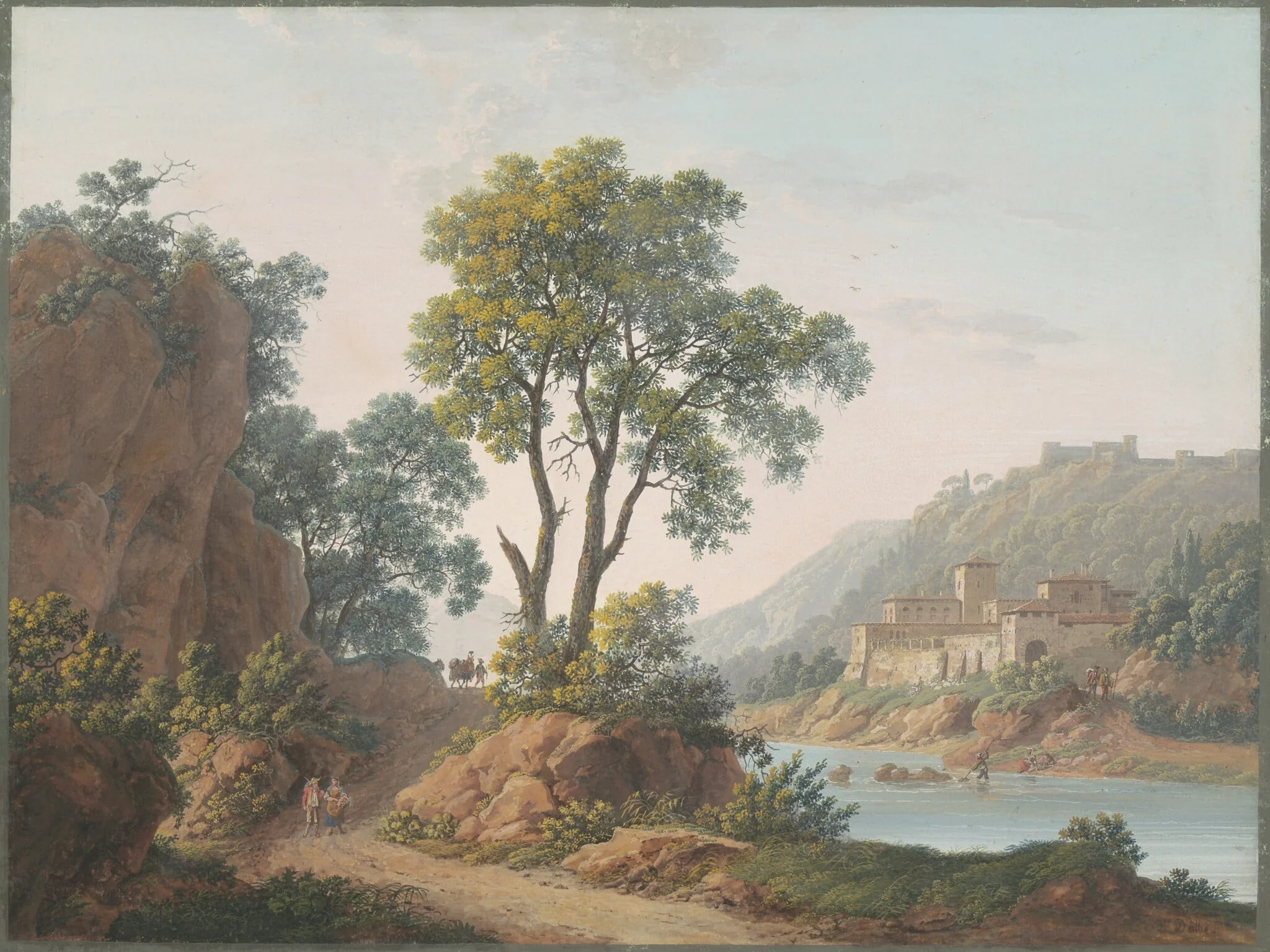 River Landscape with Castles and Travelers, by Louis-Albert-Guillain Baron Bacler d'Albe, gouache, 1817