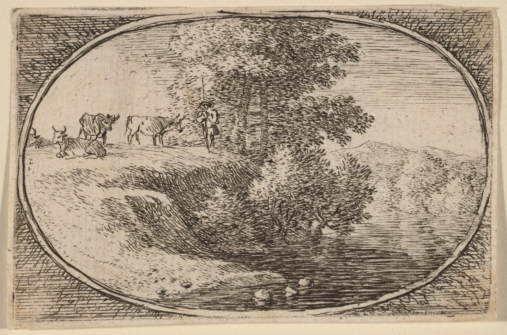 Herd of Cows on Bluff to Left of Water, by Herman van Swanevelt, ink, 1628