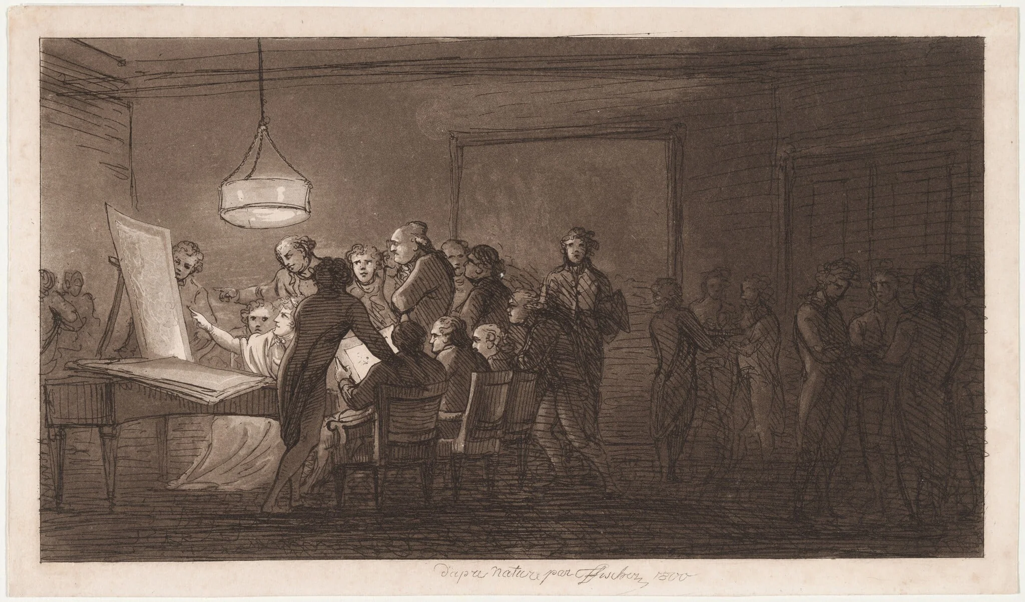 Evening Gathering in the Palais Fries, by Joseph Fischer, ink, 1800