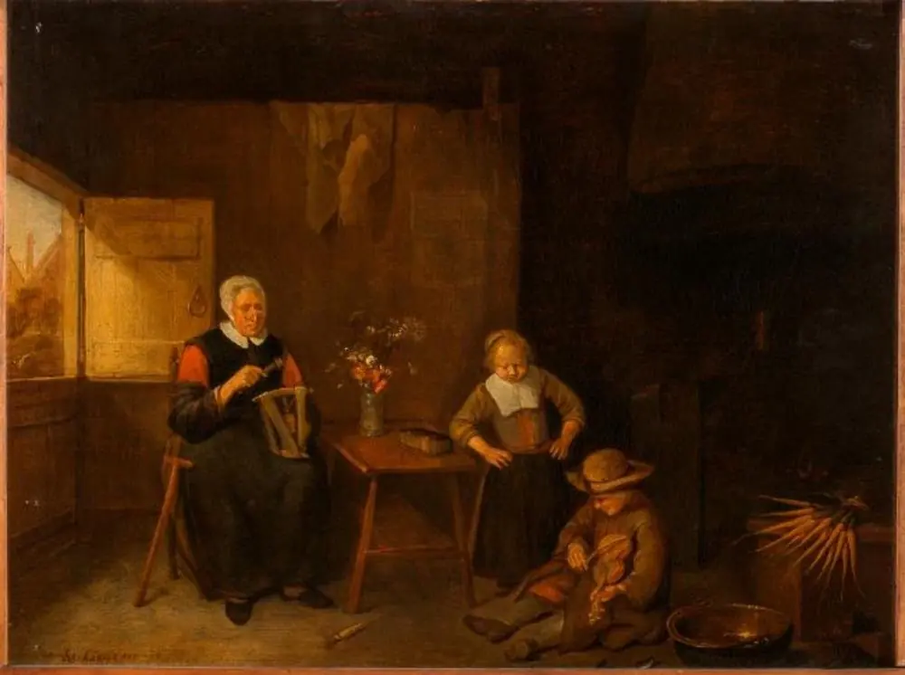 An Old Woman Twisting Threads and Two Children in the Room