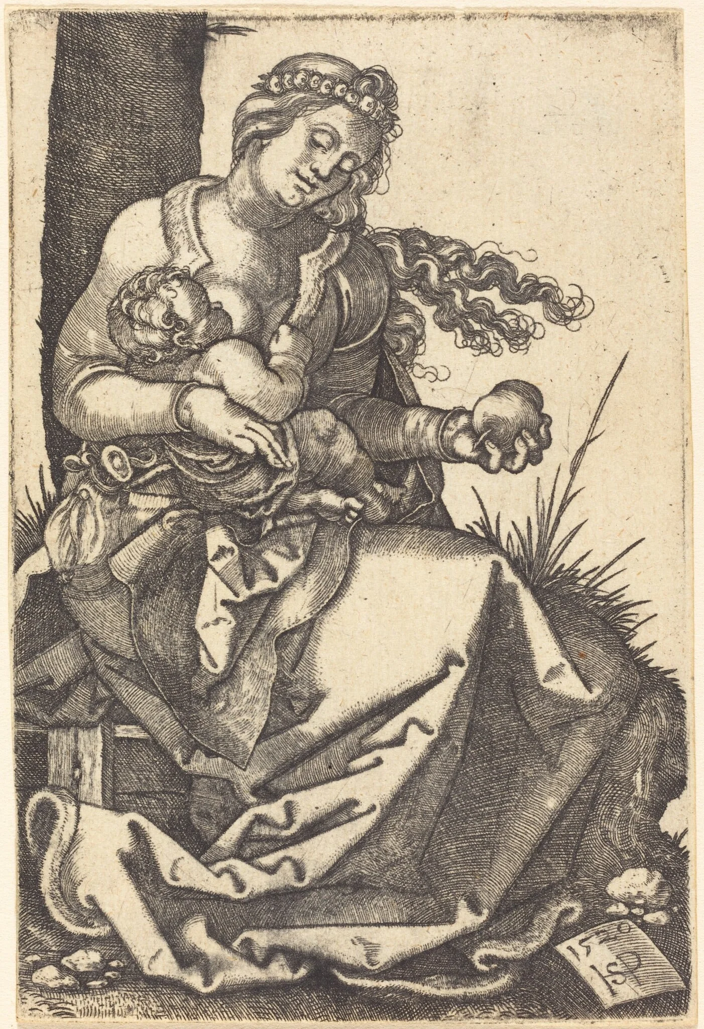 The Virgin, Holding a Pear, with the Child, by Sebald Beham, ink, 1520