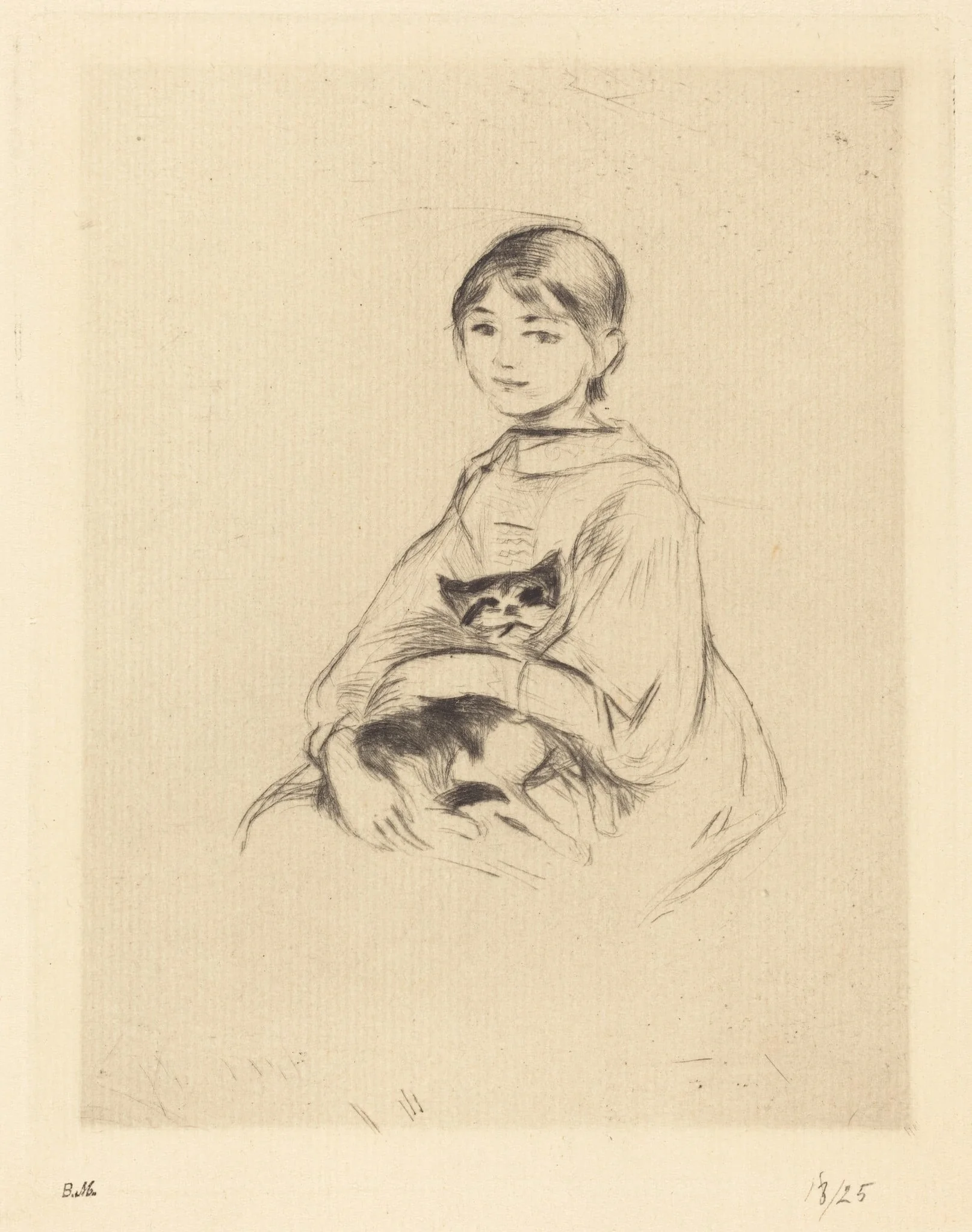 Julie Manet Holding a Cat, by Berthe Morisot, ink, 1889