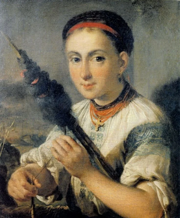 Девушка с прялкой. Этюд, by Vasily Andreevich Tropinin, oil, 1820