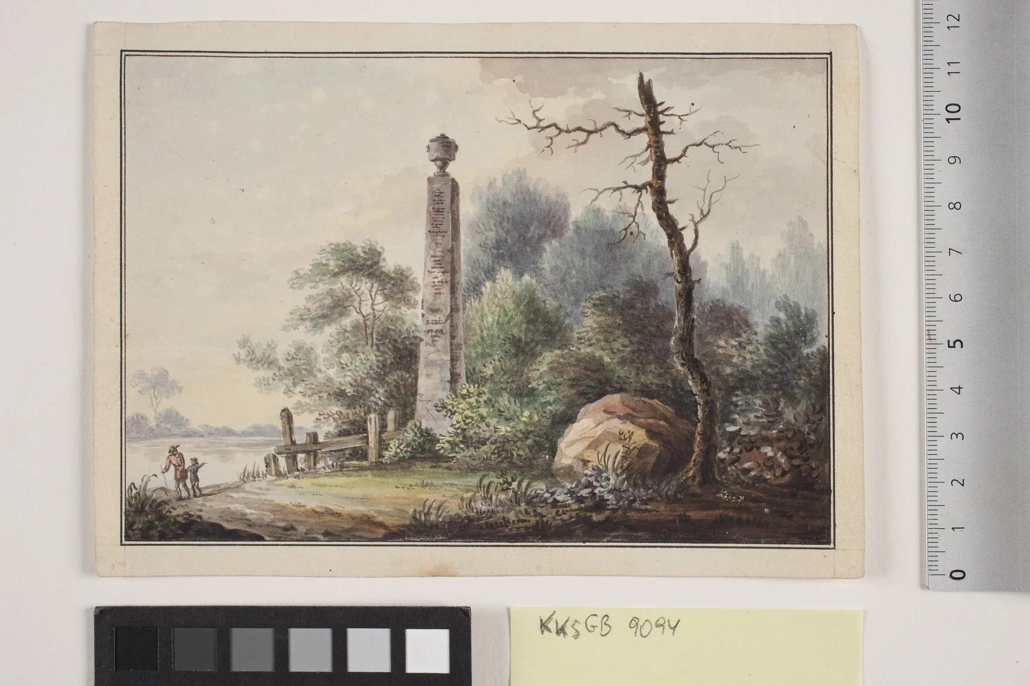 Mindestøtte ved en sø, by Unknown, unspecified, 1750