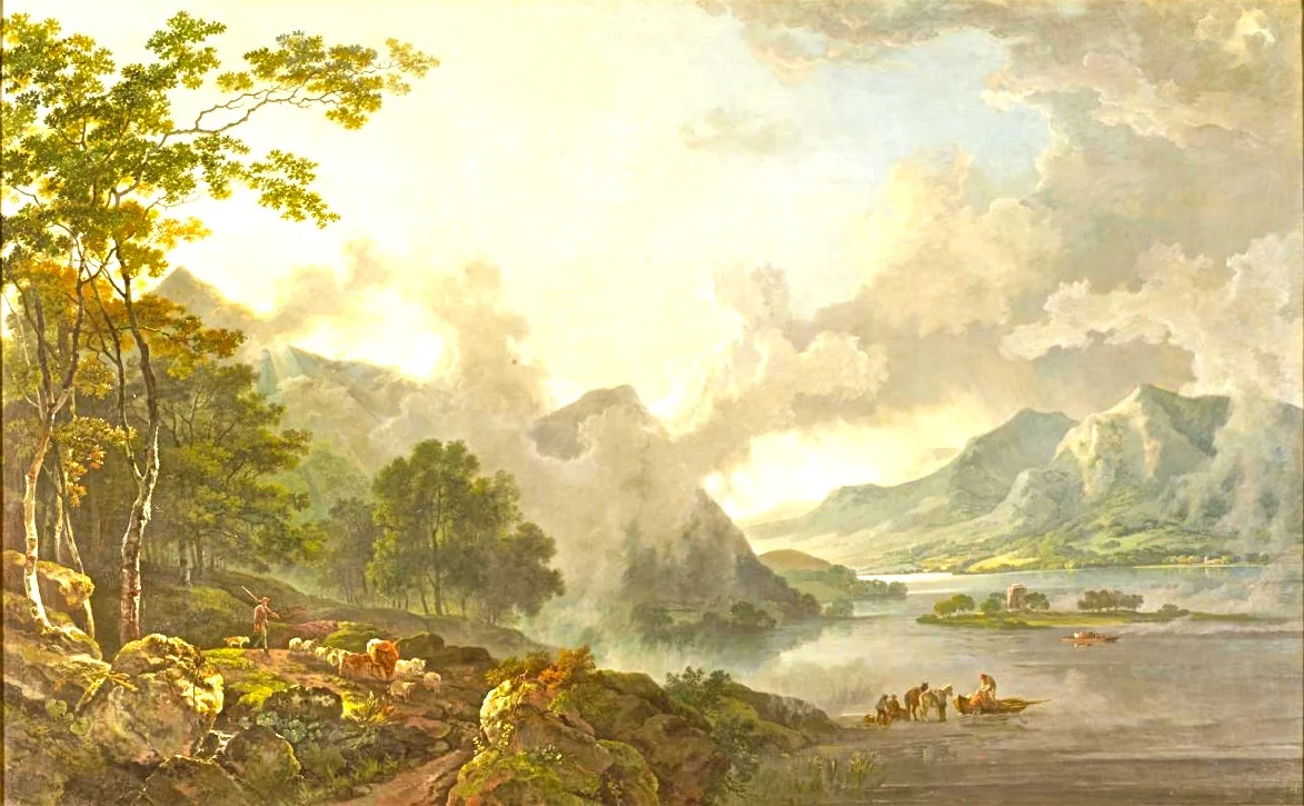 Lake Windermere with Belle Island, by George Barret, Sr., oil, 1791