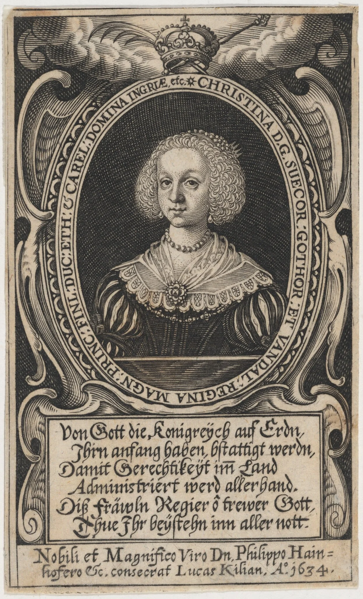 Queen Christina, by Lucas Kilian, ink, 1634