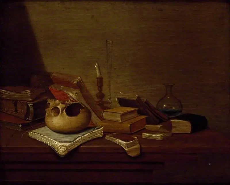Still life with skull, books, candle and a flask