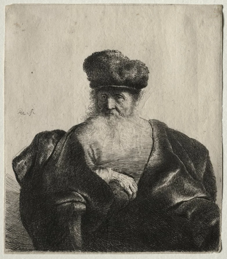 Old Man with Beard, Fur Cap, and Velvet Cloak, by Rembrandt, 1632