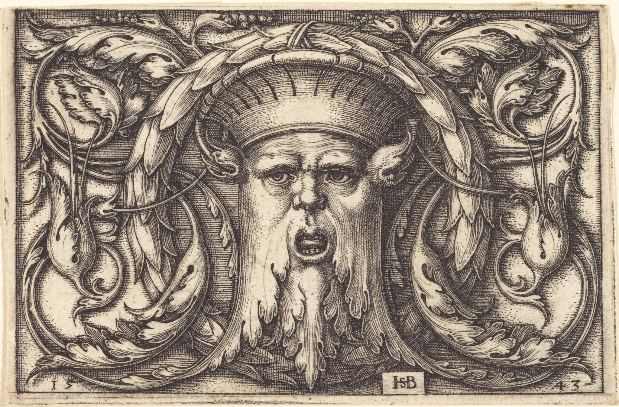 Ornament Panel with a Large Bearded Mask, by Sebald Beham, ink, 1543