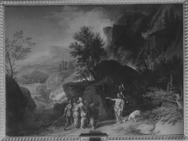 Fierce mountainous landscape with Saint John the Baptist preaching
