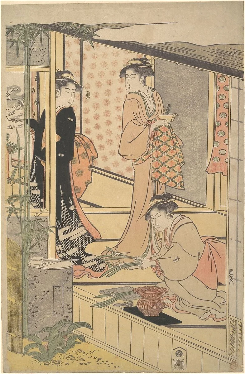細田栄之画  正月準備|Preparing New Year Decorations, by Chôbunsai Eishi, ink, 1788