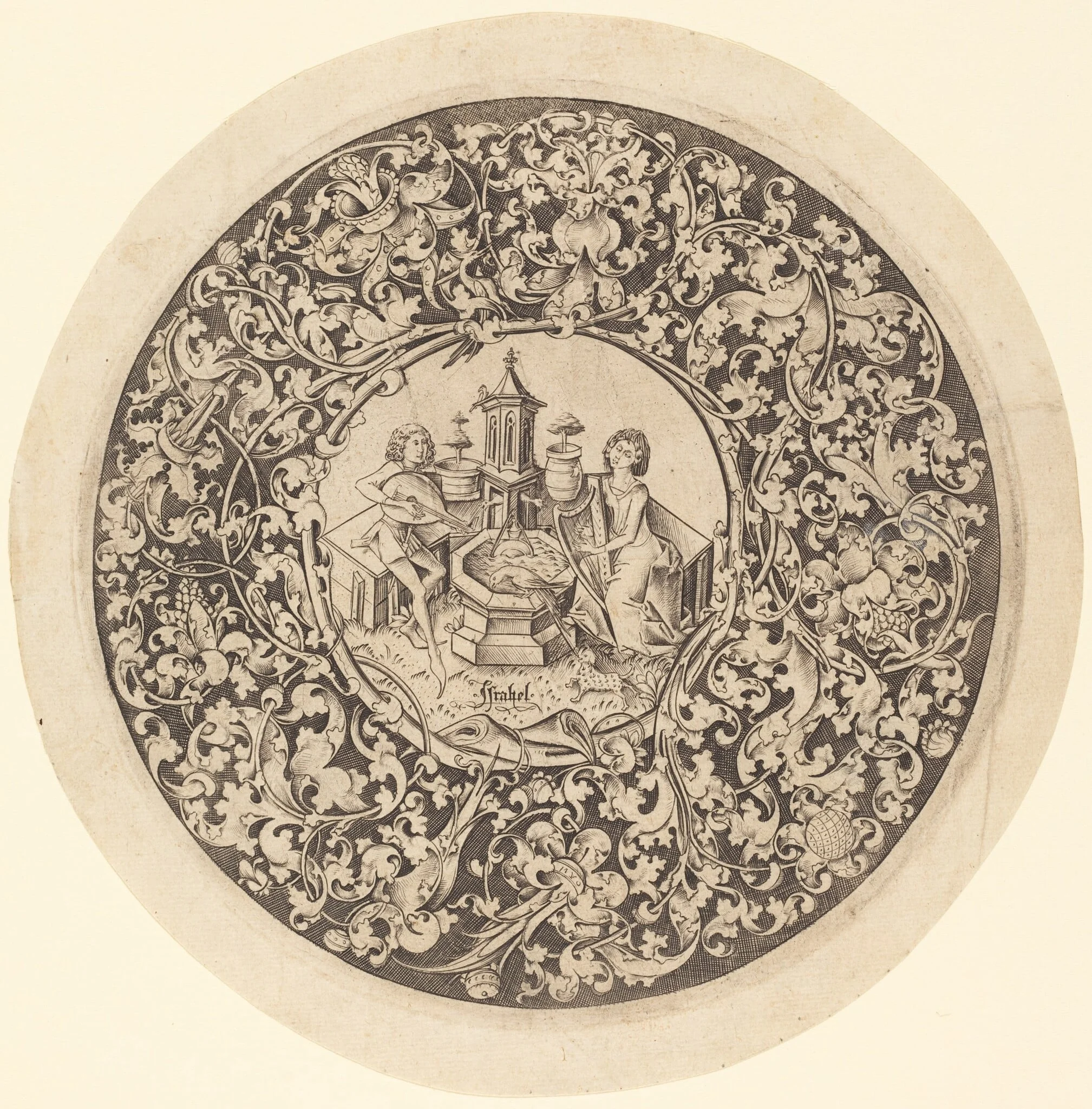 Circular Ornament with Musicians Playing near a Well, by Israhel van Meckenem, ink, 1499