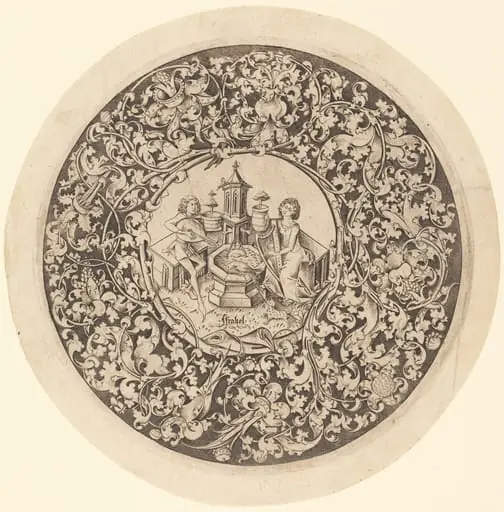 Circular Ornament with Musicians Playing near a Well