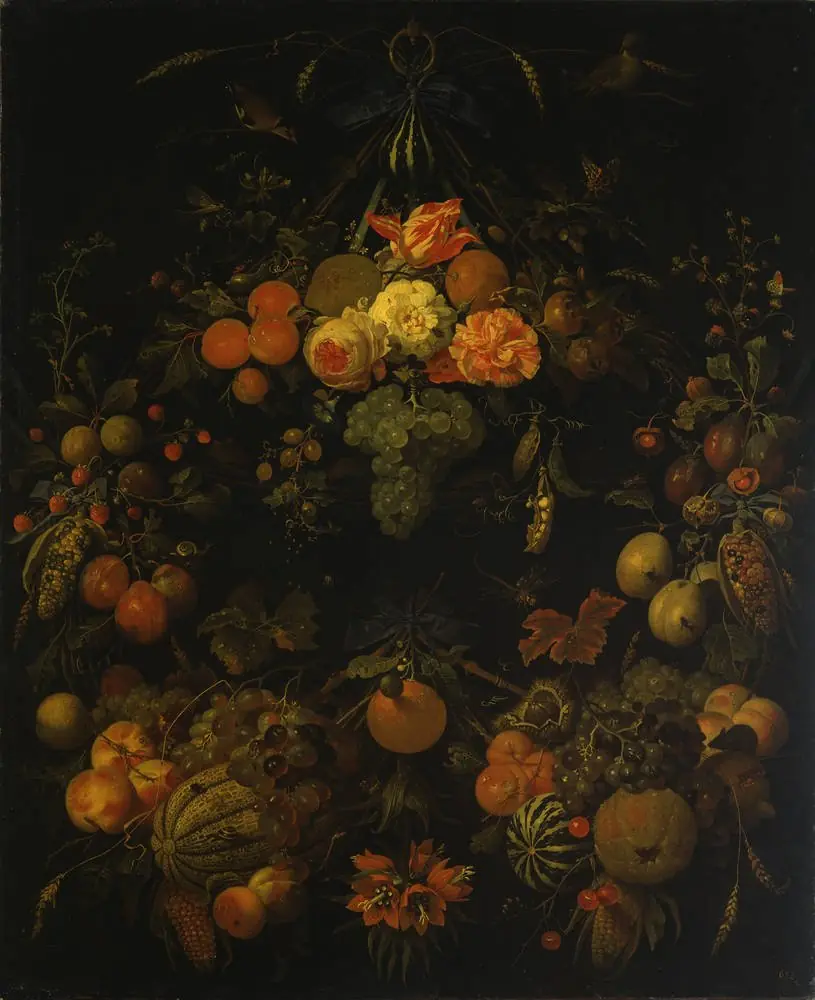 Wreath of fruit, with some flowers, suspended from a metal ring