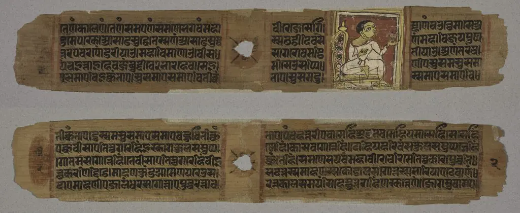 Folio 2, from a Kalpa-sutra and Story of Kalakacharya: Monk Holding a Flower (recto); text (verso)