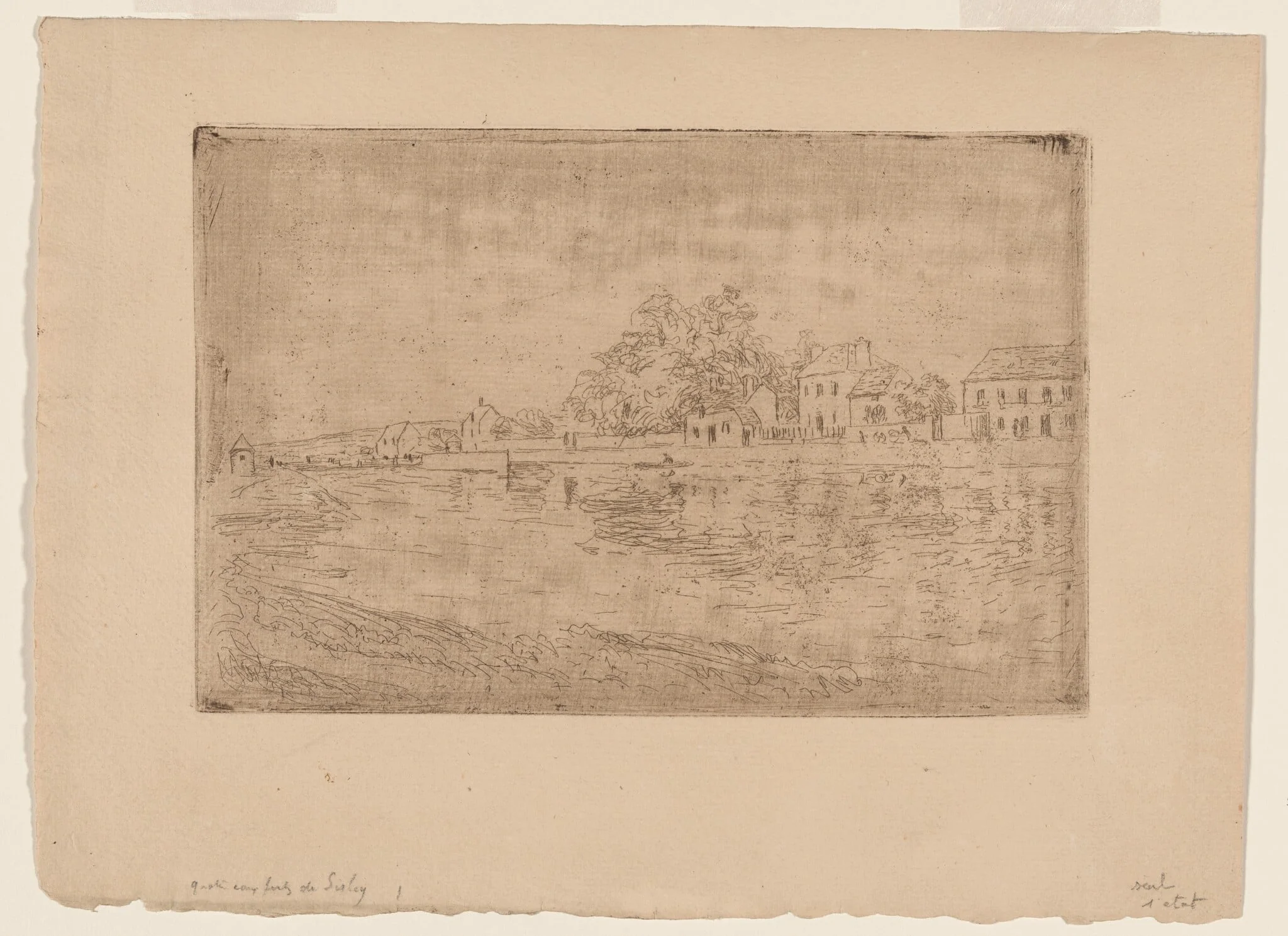 On the Banks of the Loing: Houses by the Water, by Alfred Sisley, ink, 1890
