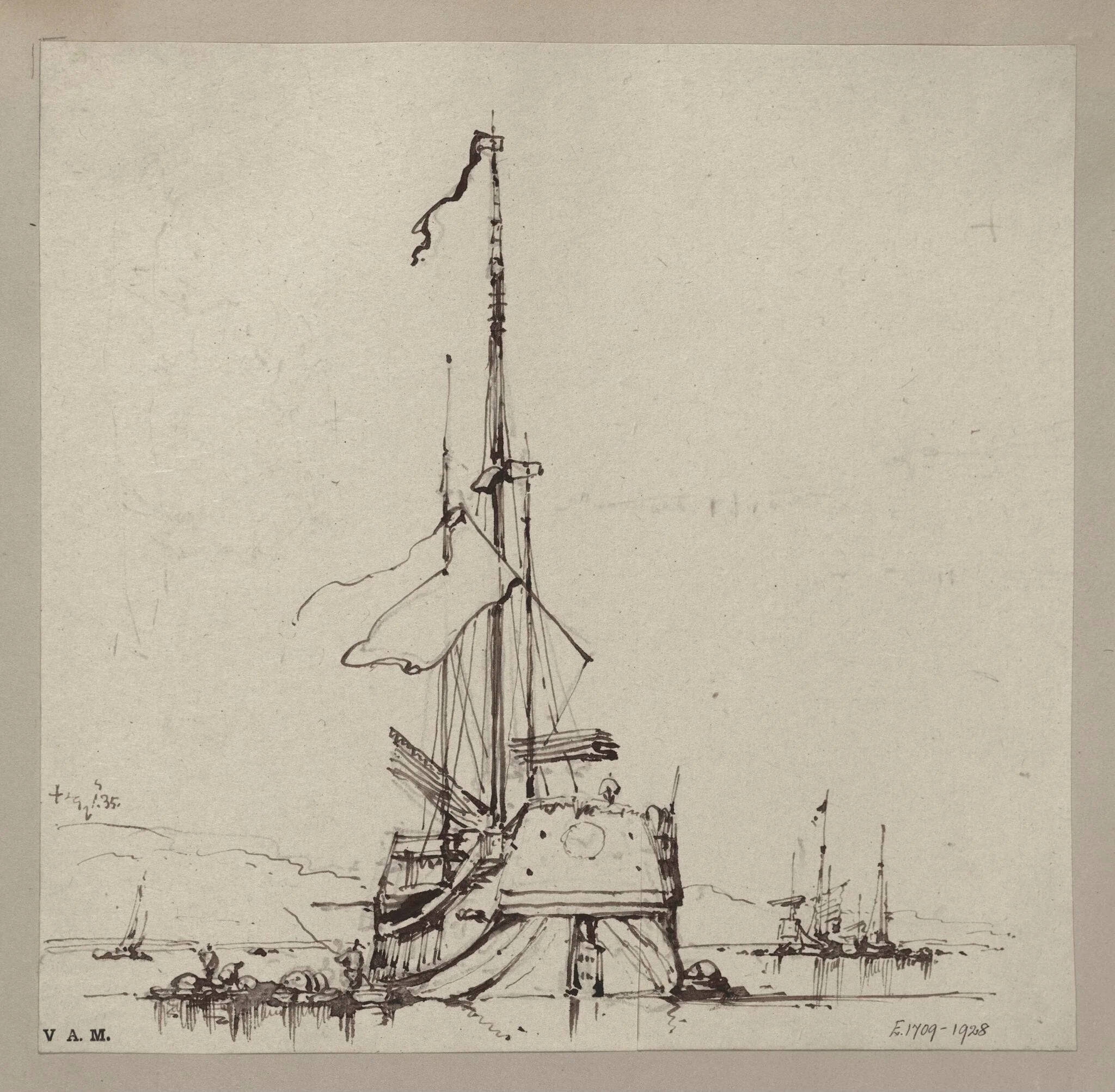 A junk seen from directly behind, by George Chinnery, 6
