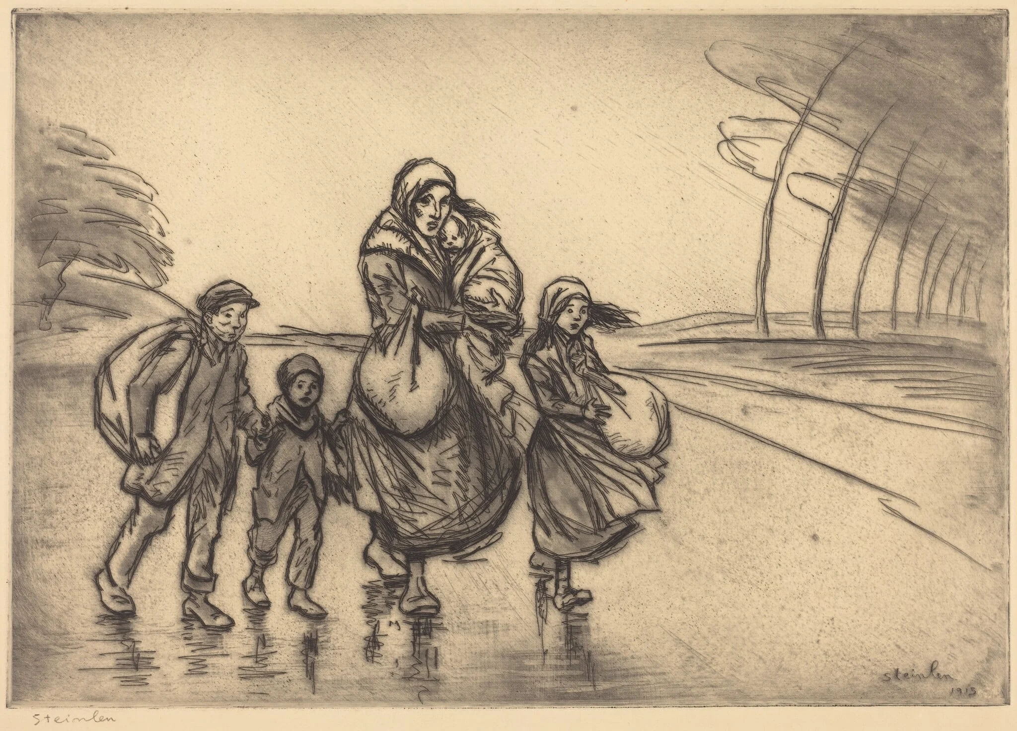 In the Rain: Mother and Children (Sous la pluie: La mere et les enfants), by Théophile Alexandre Steinlen, ink, 1915