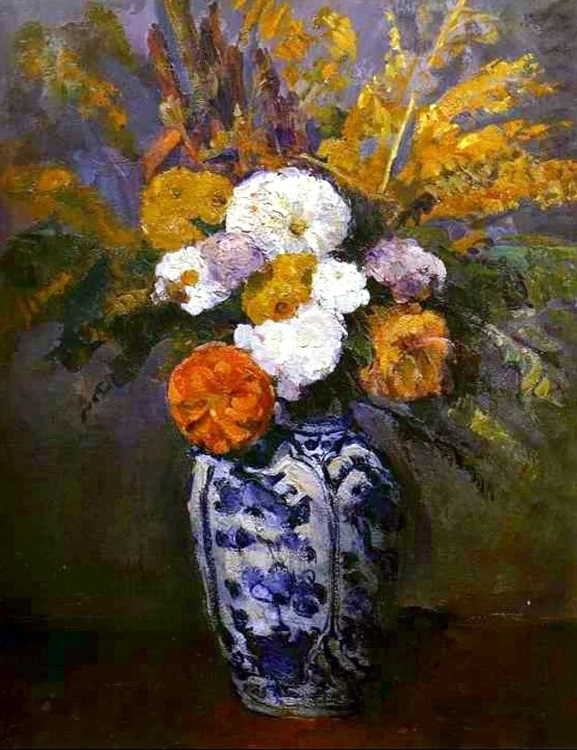 Dahlias in a Delft vase, by Paul Cezanne, oil, 1873