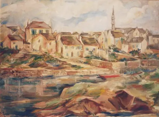Peisaj cu case și minaret