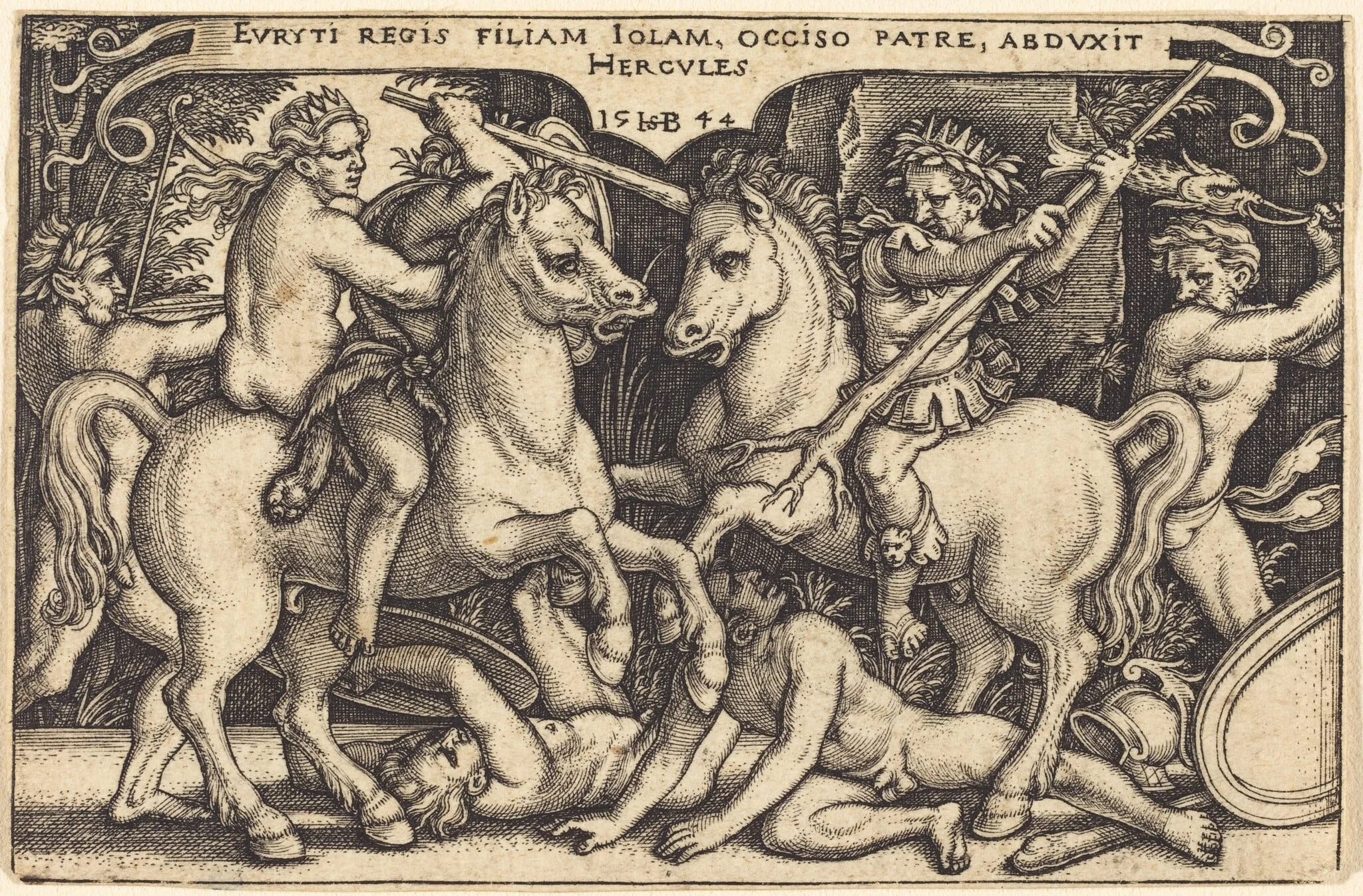 Hercules Abducting Iole, by Sebald Beham, ink, 1544