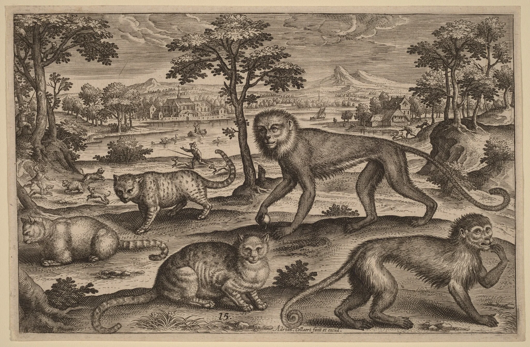 Three Cats and Two Monkeys, by Adriaen Collaert, ink, 1597