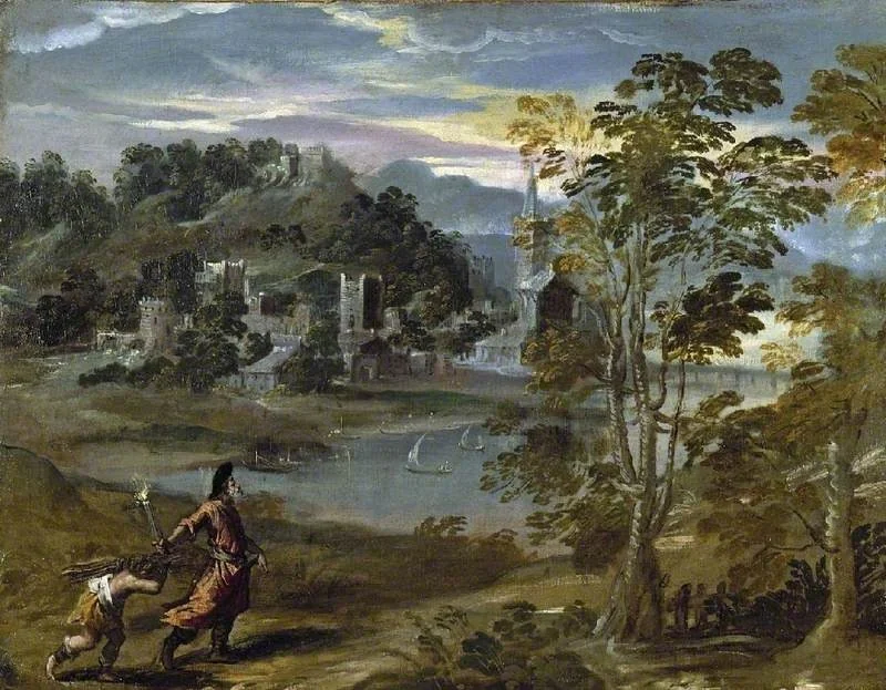 Landscape with Abraham and Isaac, by Scarsellino, oil, 1595