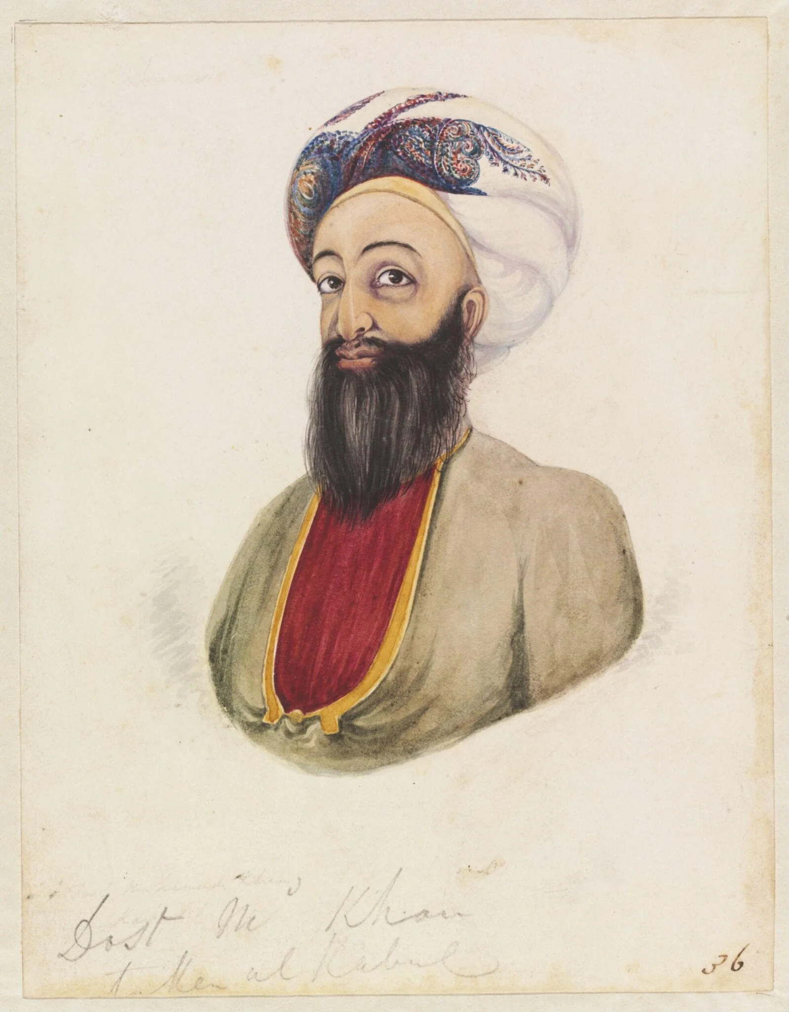 Dost Md Khan taken at Kabul, by Godfrey Thomas Vigne, watercolor, 1836