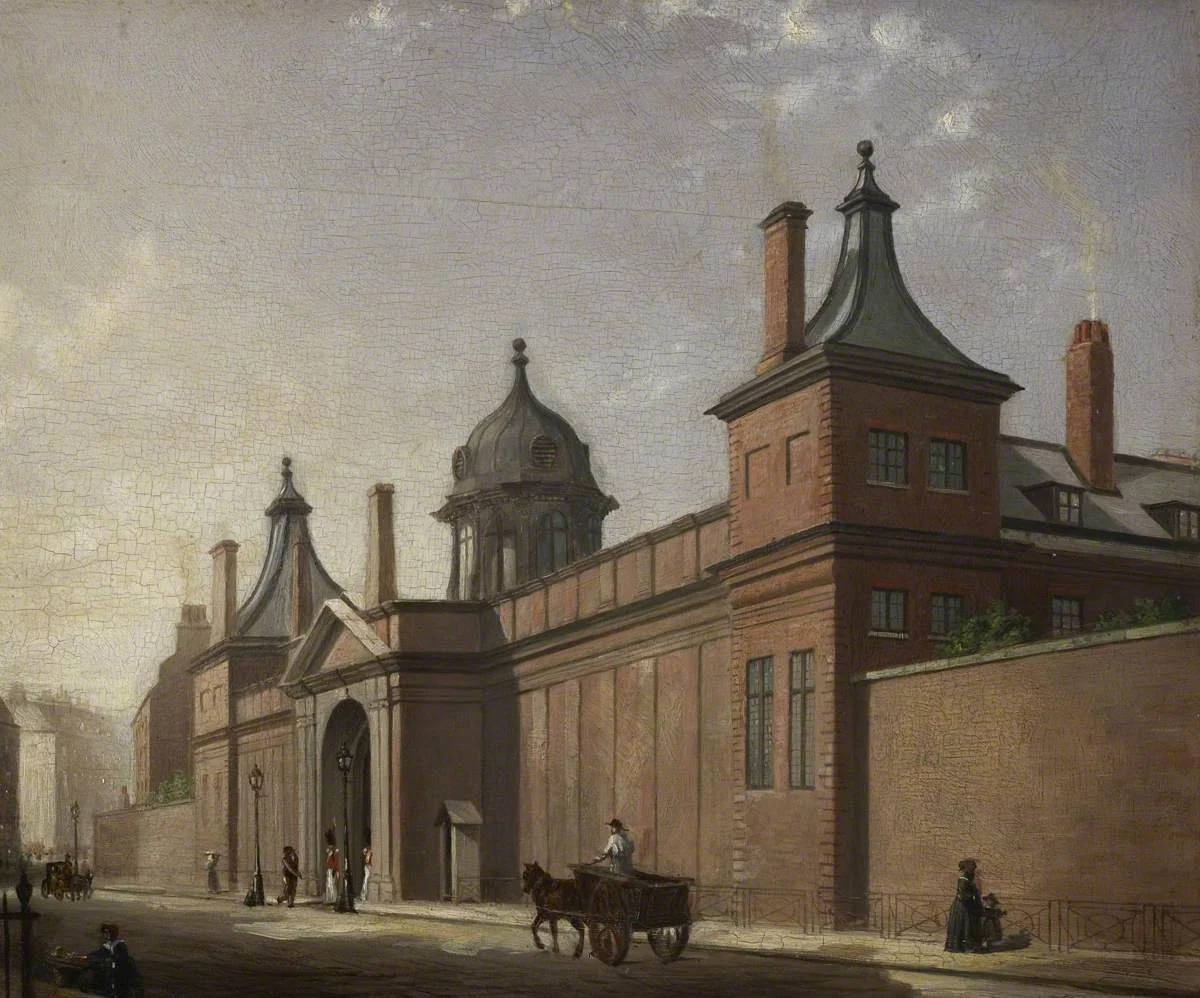 Montagu House, South-East Corner and Gateway, by Percy Carpenter, oil, 1841