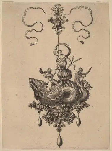Design for a Pendant with Sea-Monster Carrying a Woman on a Shell Flanked by a Triton and a Man with an Oar