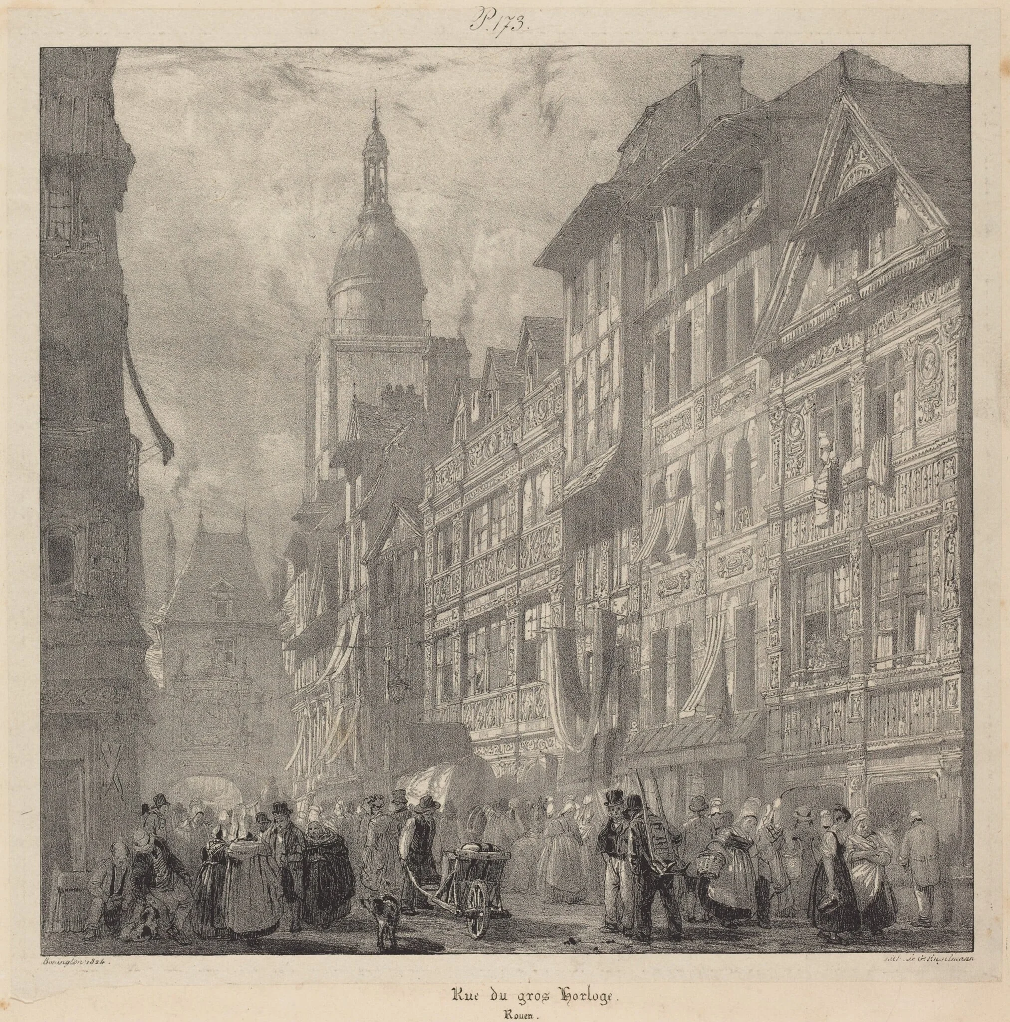 Rue du gros-horloge, Rouen, by Richard Parkes Bonington, ink, 1824