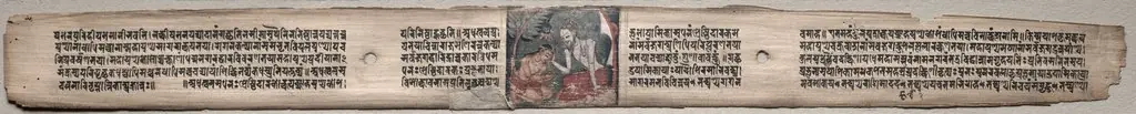 Folio 94 from a Gandavyuha-sutra (Scripture of the Supreme Array): Sudhana and the rishi Bhishmottaranirgosha (recto); text (verso)
