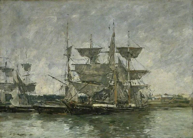 Ships at dock, Deauville, by Eugène Boudin, oil, 1891