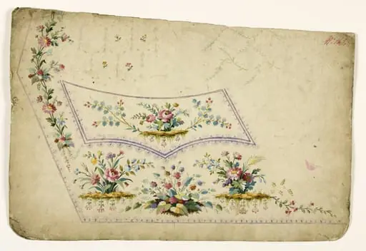 Compositions florales sur tertre et guirlandes de fleurs, projets de broderies de gilet, XVIIIème siècle