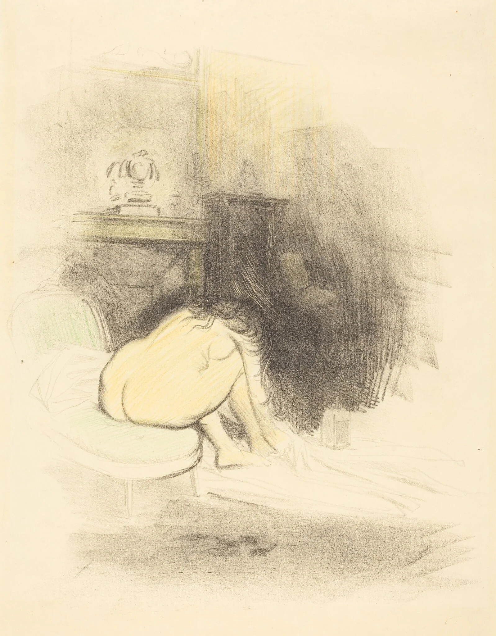 Femme nue, s'essuyant les pieds (planche en hauteur) (Nude Woman Drying Her Feet) (vertical plate), by Jean-Louis Forain, crayon, 1895