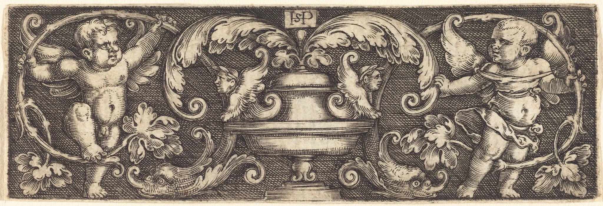 Ornament with a Vase Between Two Genii, by Sebald Beham, ink, 1528