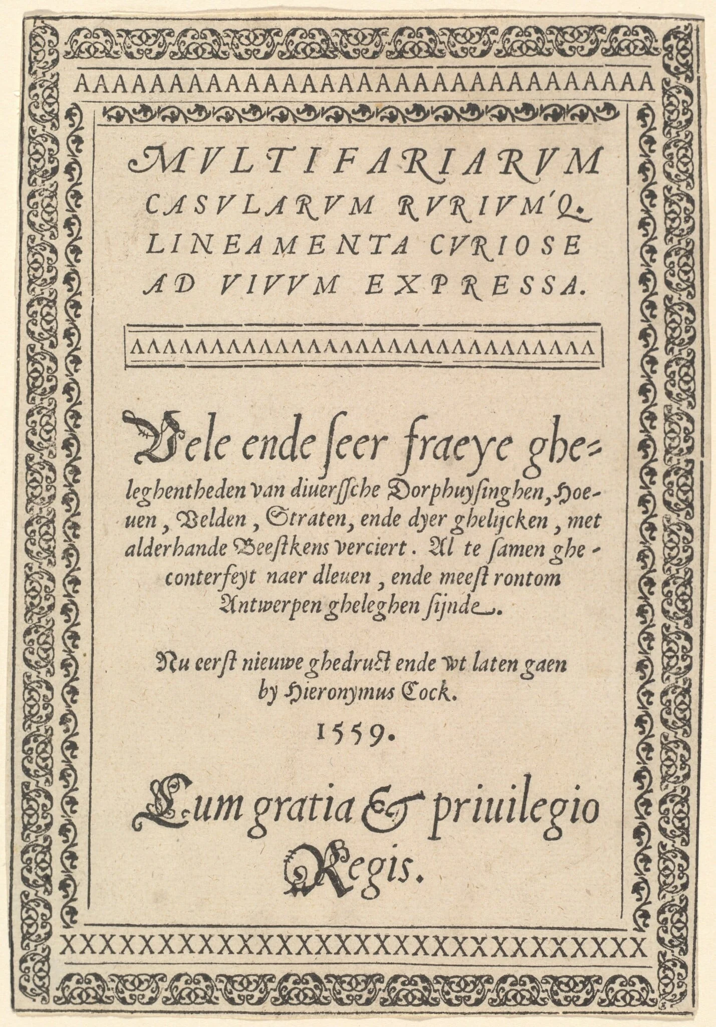 Title Page for "Multifariarum Casularum", by Hieronymus Cock, ink, 1559