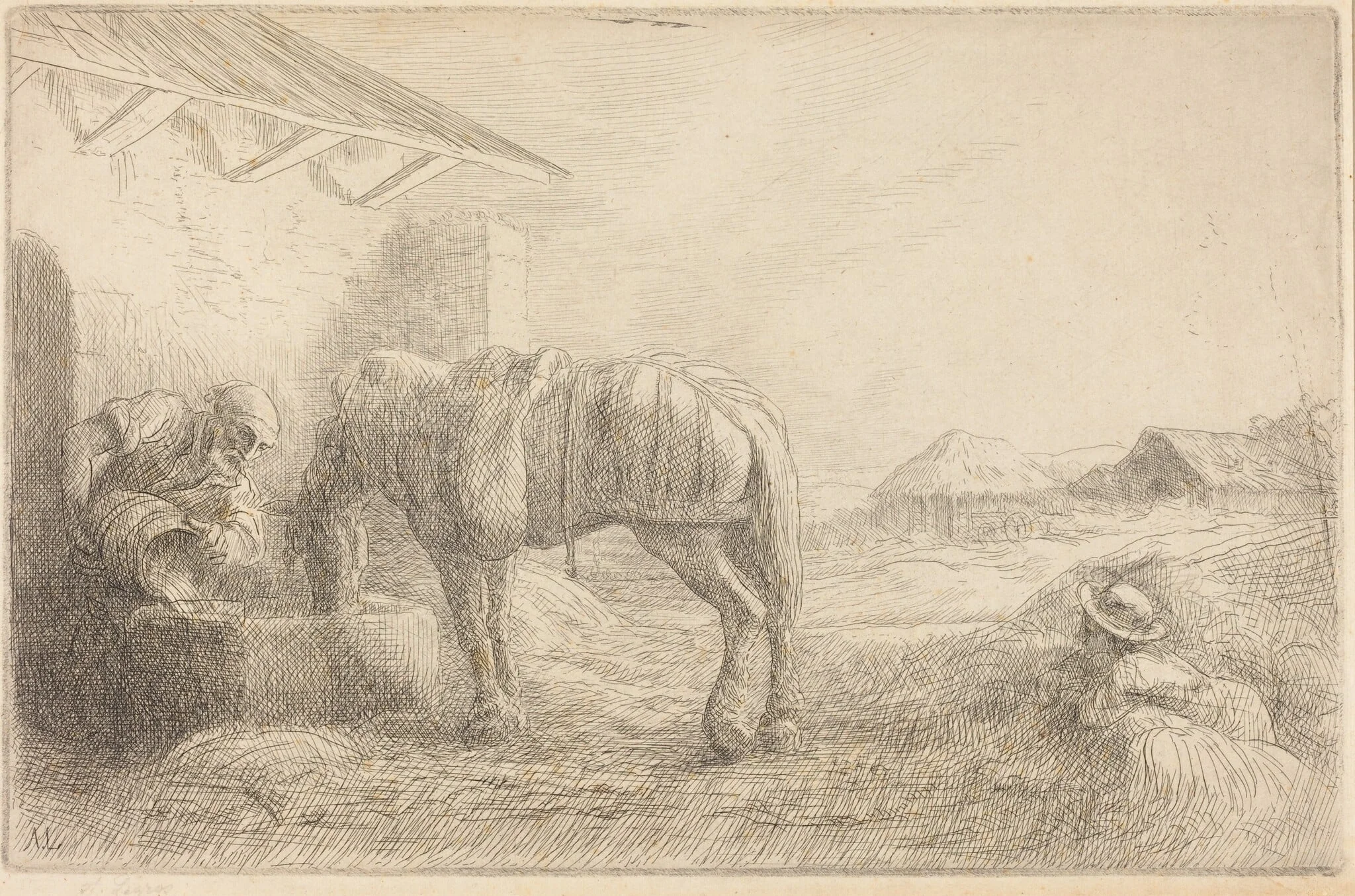 Man Watering a Horse (Homme abreuvant un cheval), by Alphonse Legros, ink, 1874
