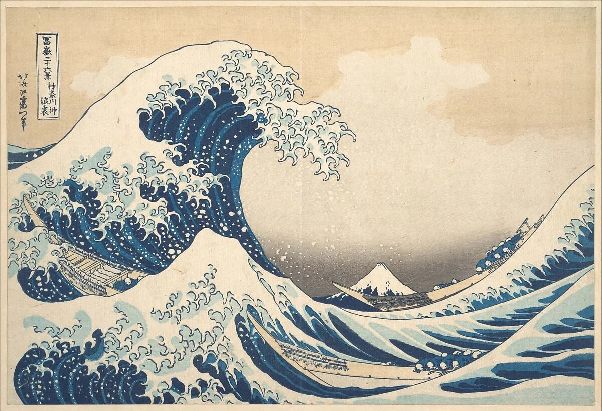 「富嶽三十六景　神奈川沖浪裏」|Under the Wave off Kanagawa (Kanagawa oki nami ura), or The Great Wave, from the series Thirty-six Views of Mount Fuji (Fugaku sanjūrokkei), by Katsushika Hokusai, ink, 1831