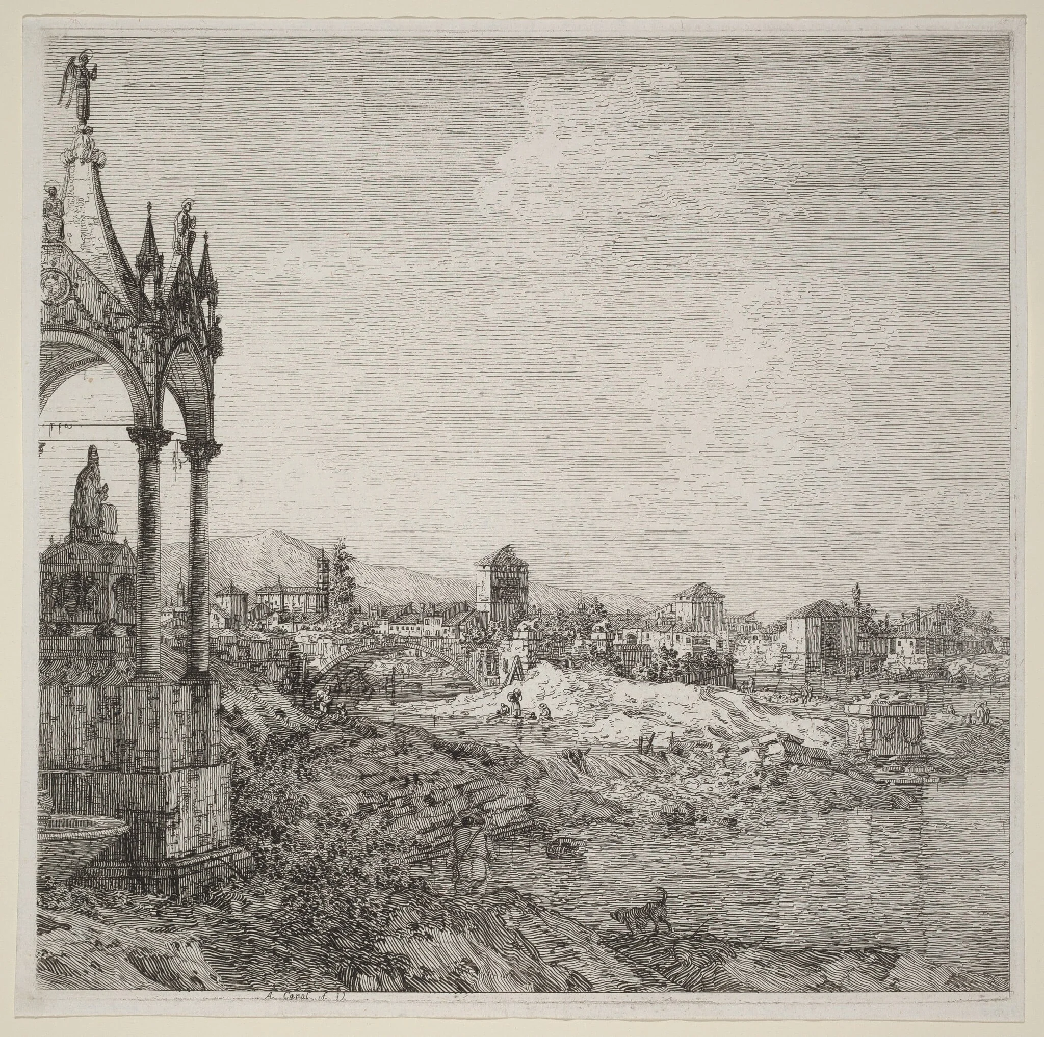 View of a Town with a Bishop's Tomb, by Canaletto, ink, 1740