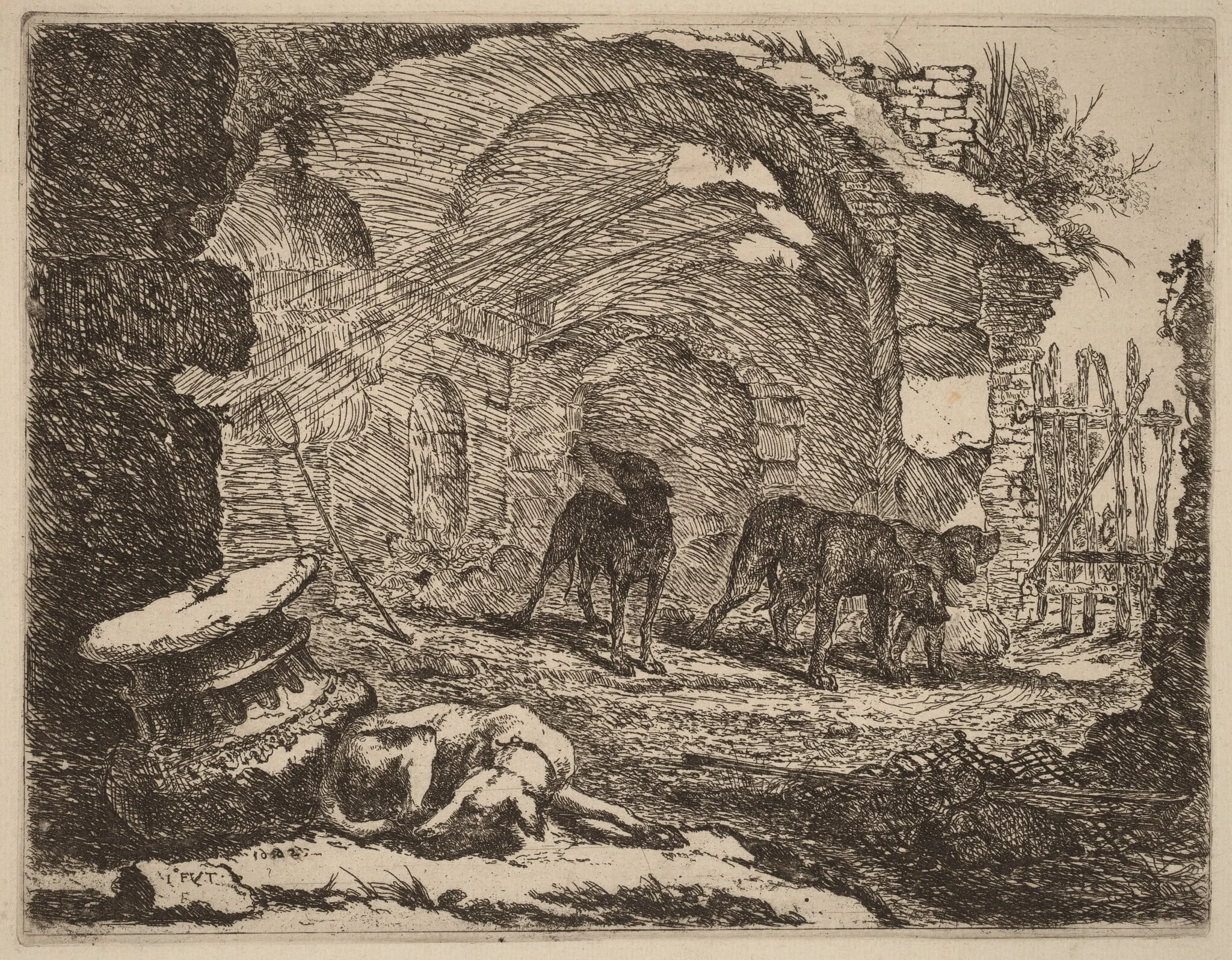 Four Dogs, One Sleeping beside a Capital, by Jan Fyt, ink, 1642