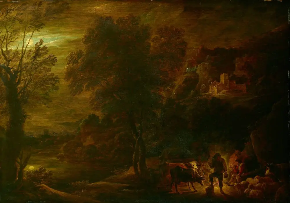 Moonlight landscape with shepherds at the fire