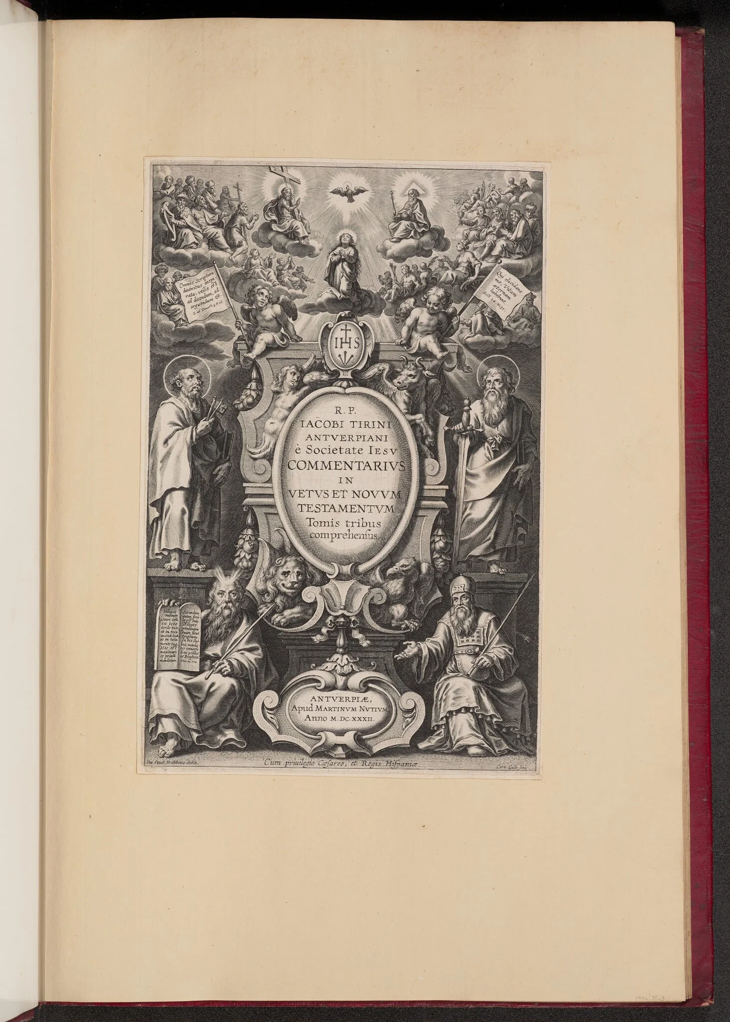 Title Page for R.P. Jacobi Tirini's "Commentarius in Vetvs et Novvm Testamentvm", by Cornelis Galle I, ink, 1632