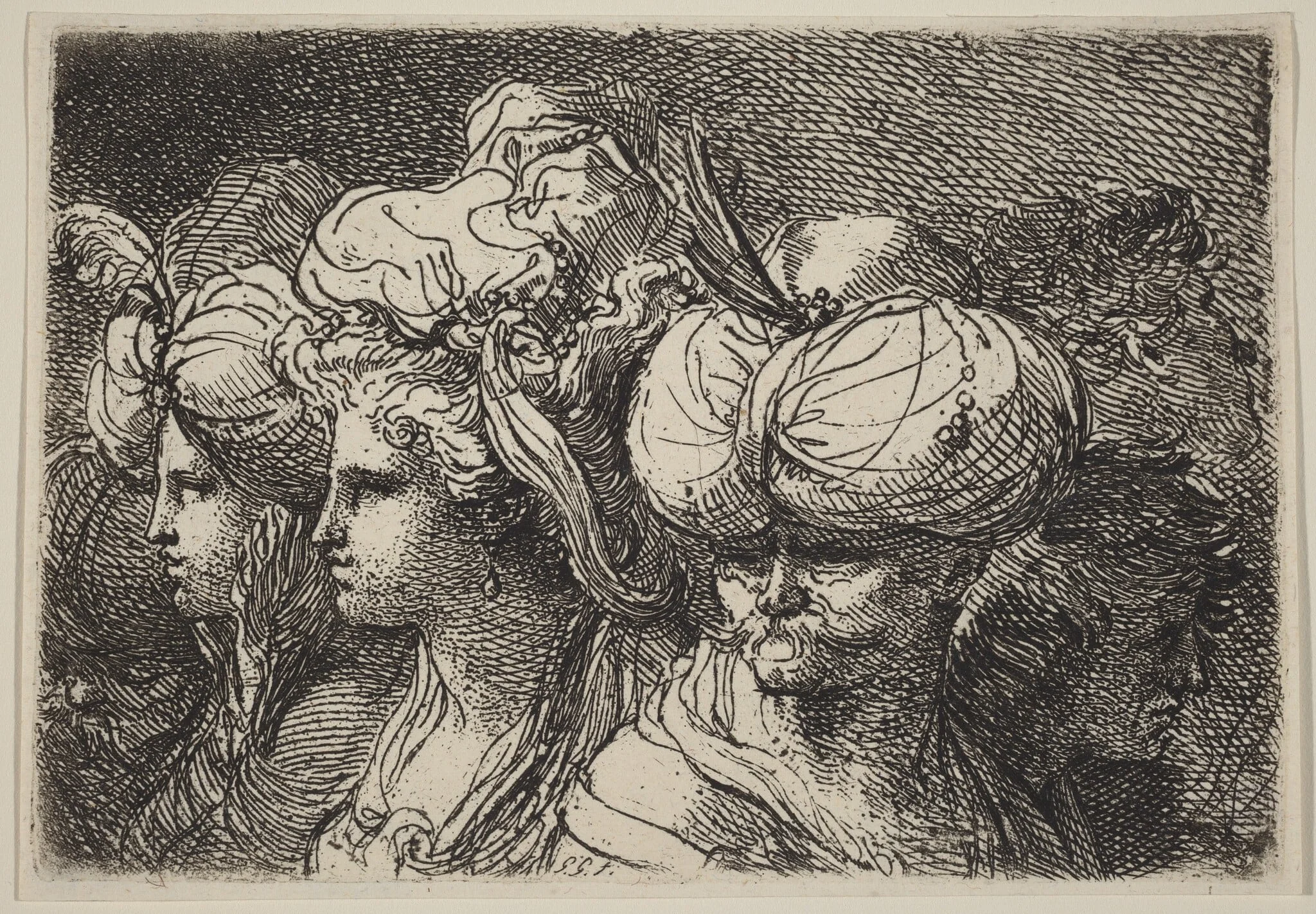 Six Heads, a Turk in Front, by Gaetano Gandolfi, ink, 1780