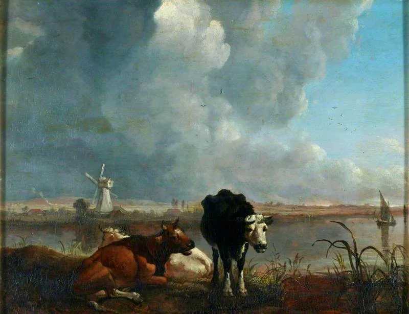 Landscape with Cows Drinking, by James M. Burnet, oil, 1812