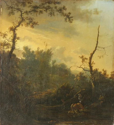 Landscape with figures, by Frederik de Moucheron, oil, 1650