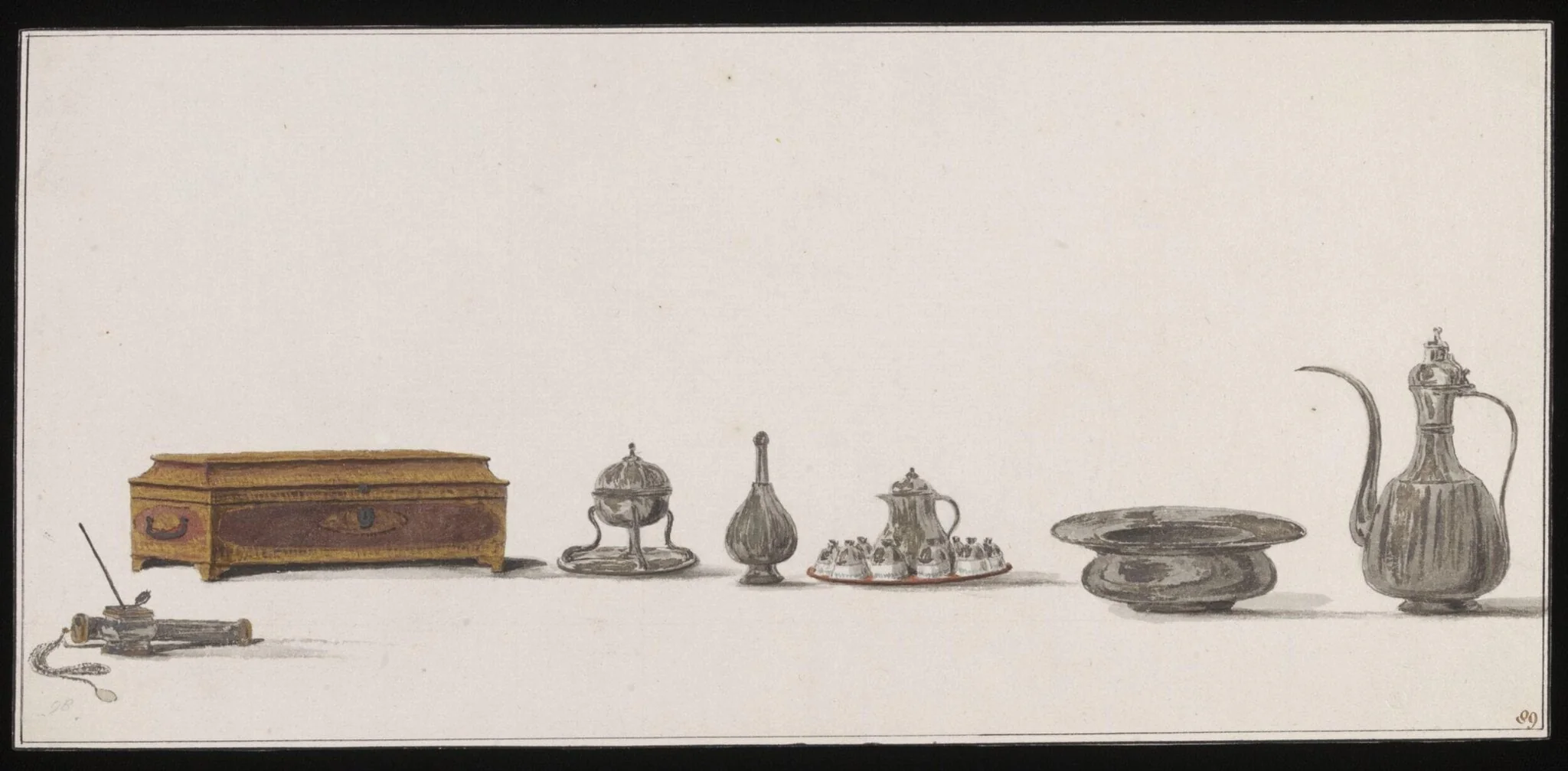 Illustration showing Ottoman domestic metalwork and a wooden inlaid box, by Anonymous Greek artist, watercolor, 1809