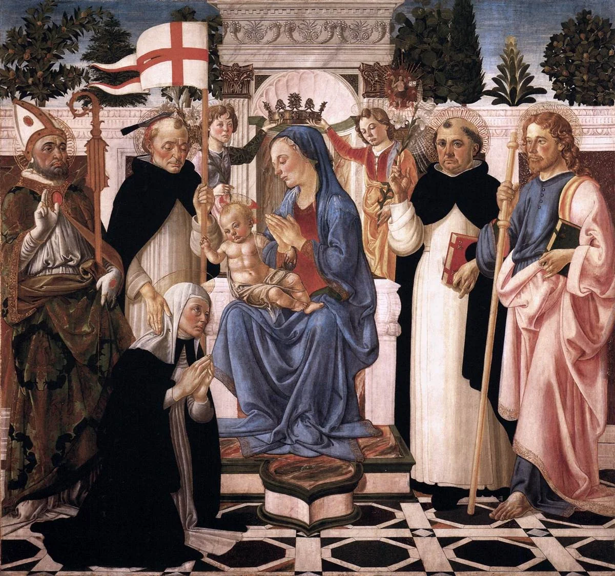 Madonna and Child with Five Saints and Two Angels, by Andrea del Verrocchio, tempera, 1470