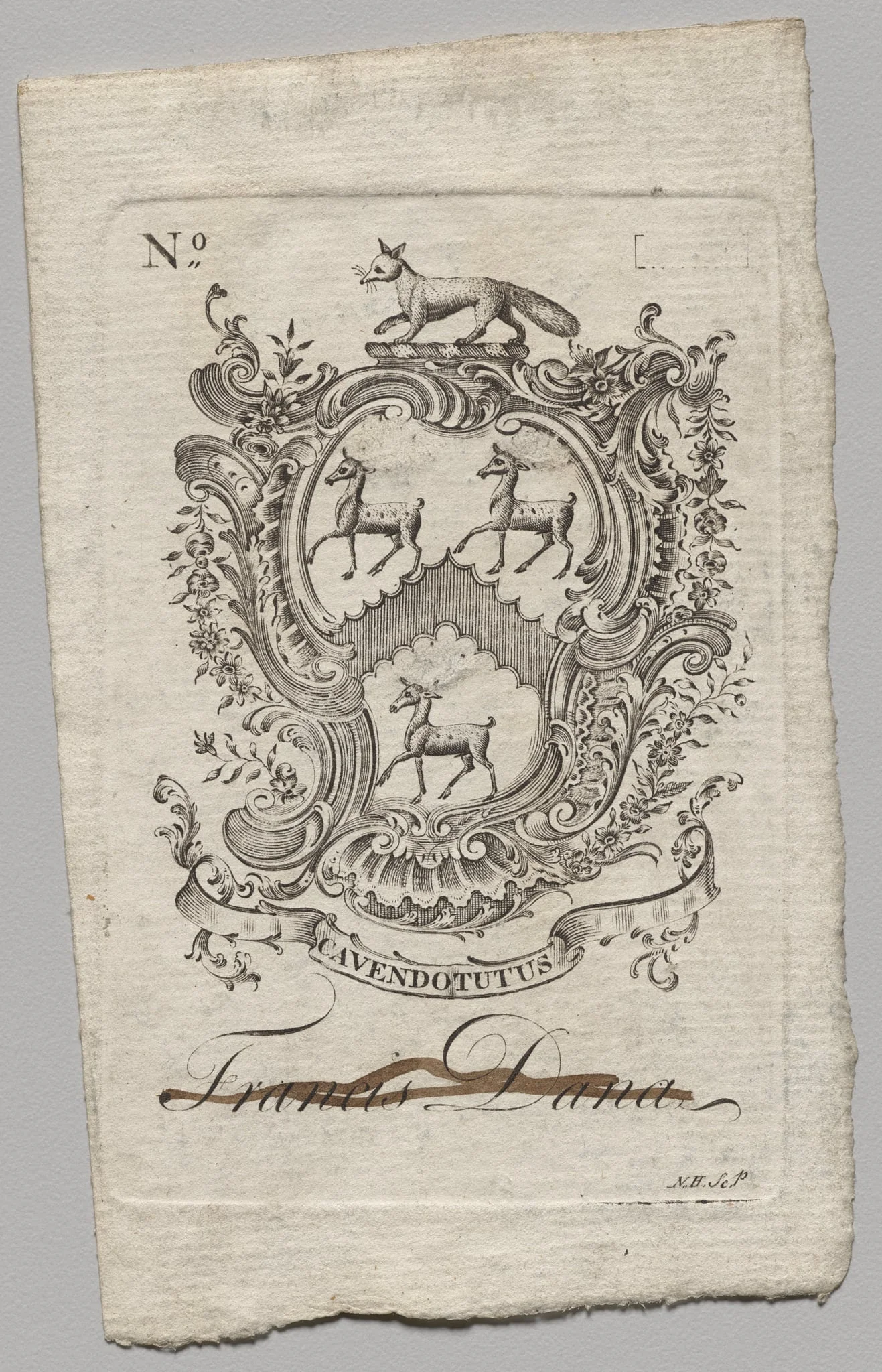 Bookplate:  Coat of Arms with Francis Dana inscribed, by Nathaniel Hurd, 1764