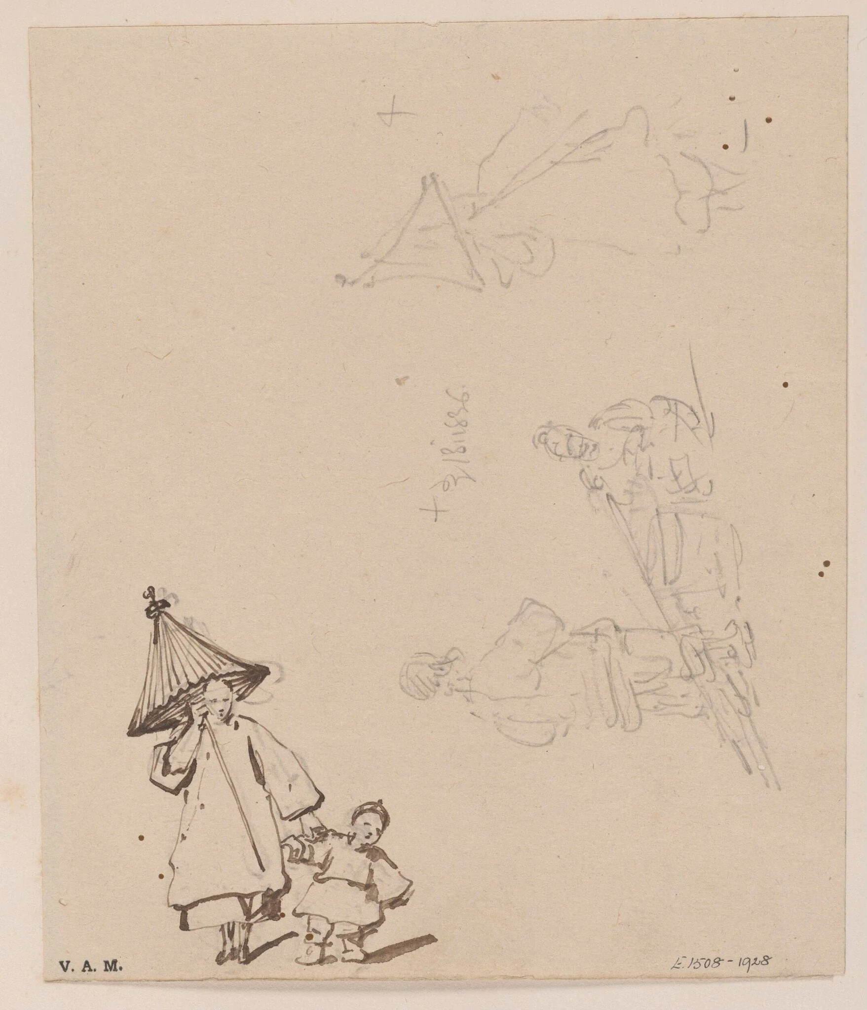 A boatwoman with child and parasol, and a porter, by George Chinnery, 15
